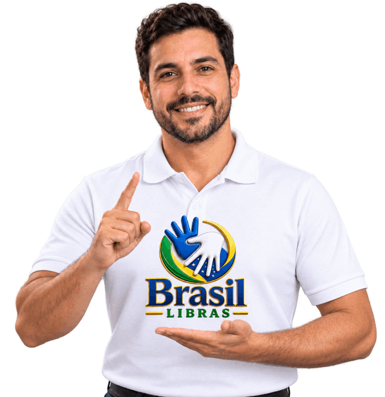 Homem sinalizando em Libras com camiseta da Brasil Libras